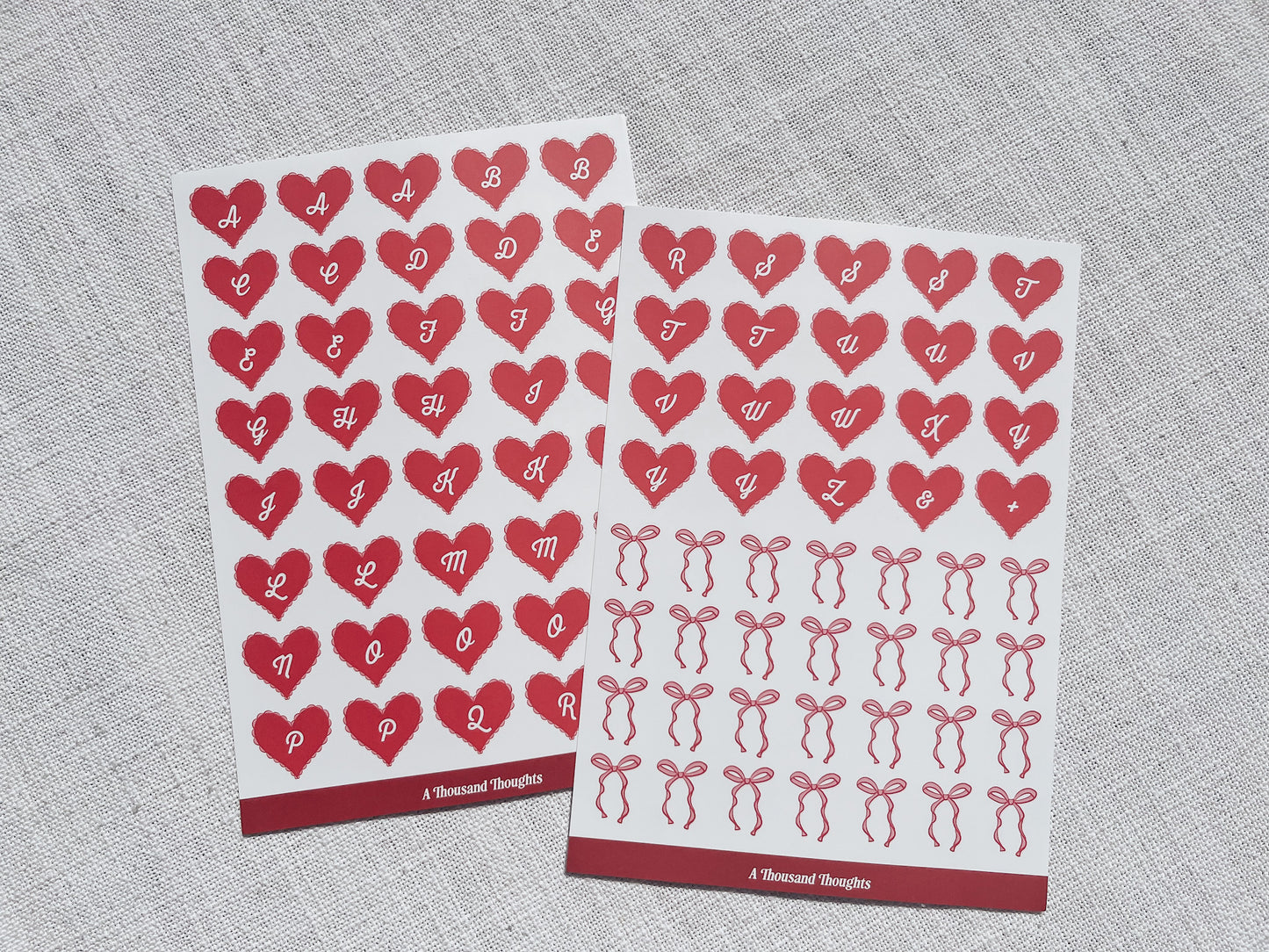 Red Hearts and Bows Alphabet Sticker Sheet | A5 Sticker Sheet x 2