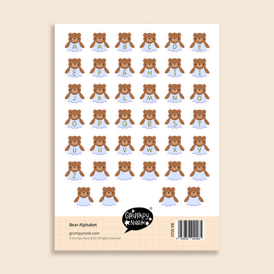 The Grumpy Nook: Bear Alphabet Sticker Sheet : Euroslot Cello + Backing