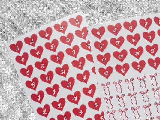 Red Hearts and Bows Alphabet Sticker Sheet | A5 Sticker Sheet x 2